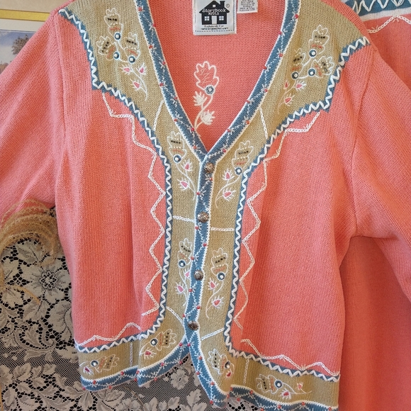 Storybook Knits orange beige coordinating knit dress cardigan beads embroidery - Picture 4 of 11